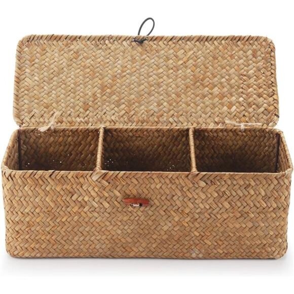 Seagrass Storage Basket with Lid Rectangular Small Woven Shelf Baskets with - Picture 2 of 8